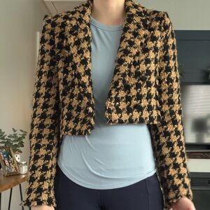 Zara Cropped Houndstooth Tweed Blazer - Black & Camel